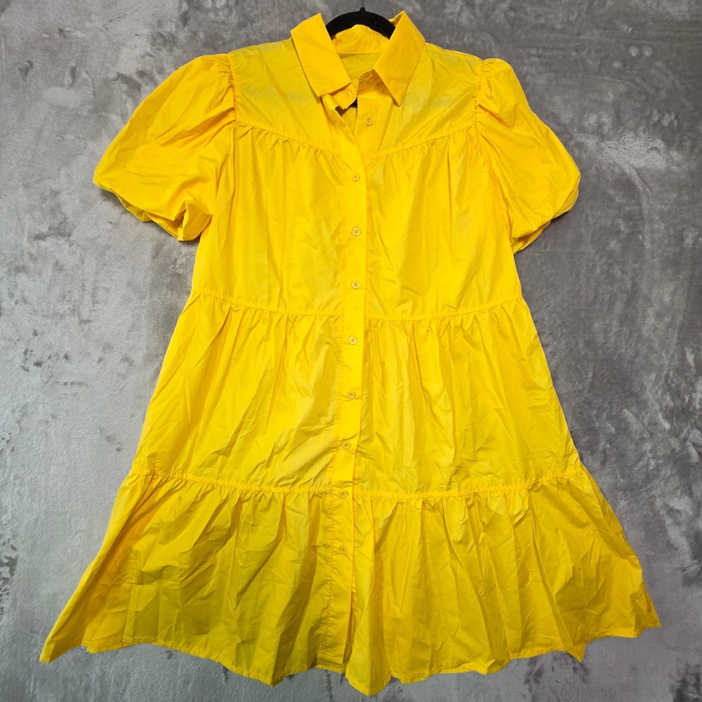 Lyaner Yellow Tiered Puff Sleeve Button Down Mini Shirt Dress Womens Medium